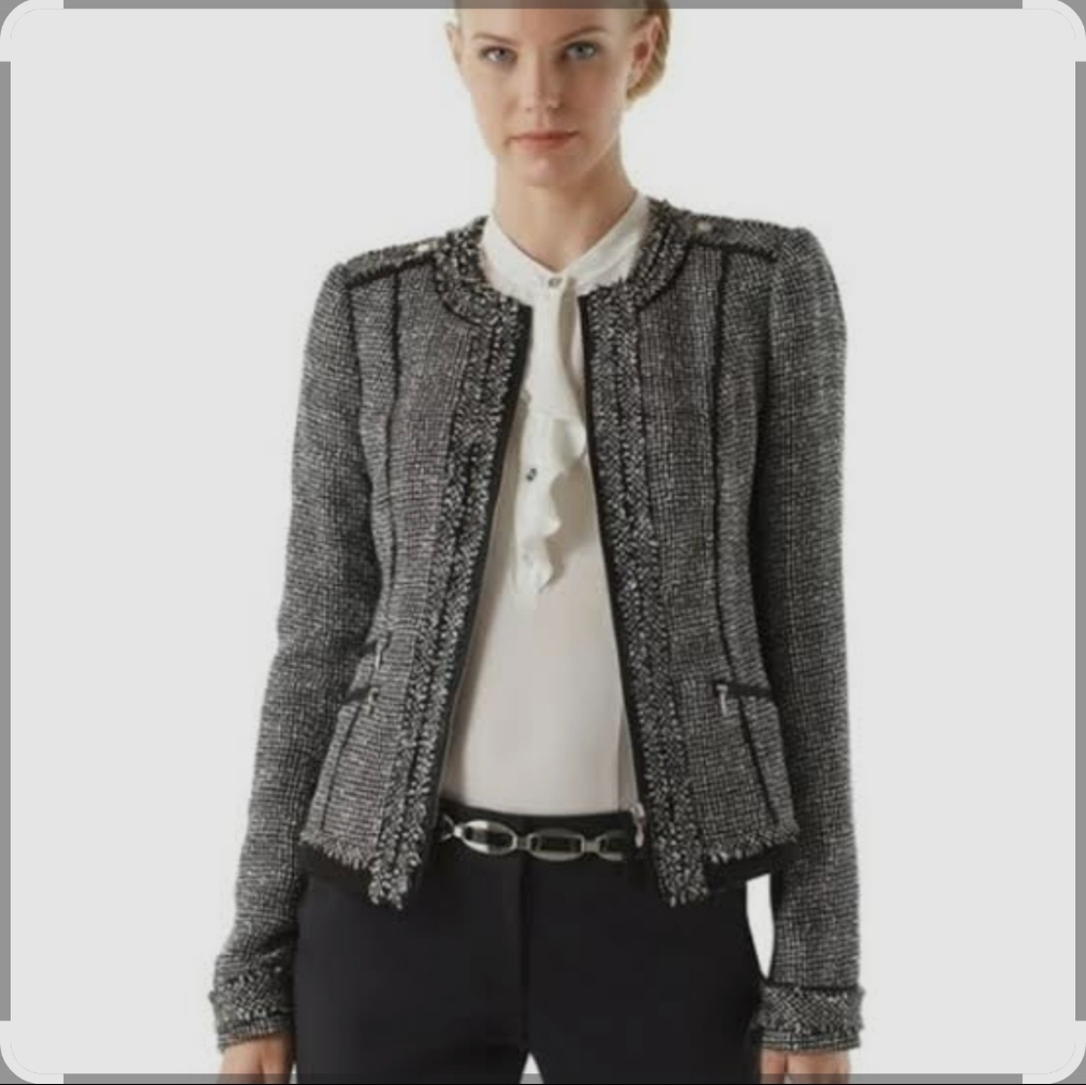 White House Black Market | Black & White Tweed Zip-Front Jacket | Sz 4